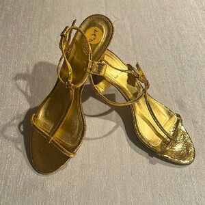 J. Crew Shimmering Gold T-Strap Heeled Sandals